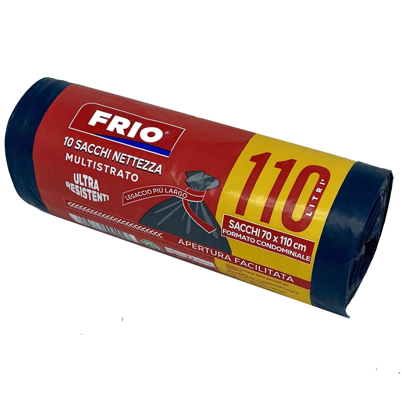 FRIO - 10 bolsas de basura negras, de 110 litros, resistentes, para cubo de basura, recogida selectiva, fabricadas en plástico con lazos. 70x110 cm
