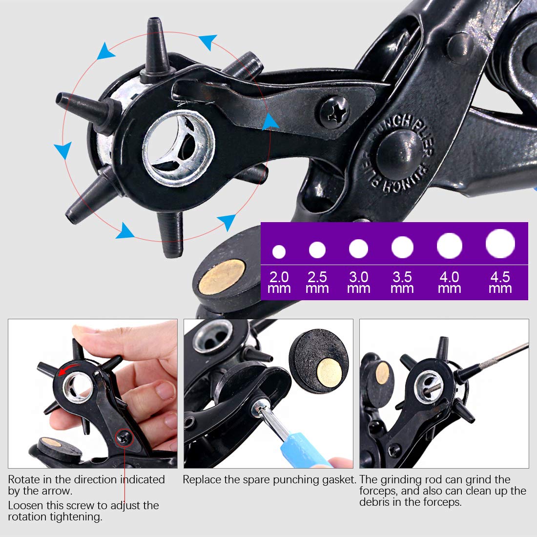 Rotating Punch Hole Puncher Leather Hole Punch Set, Professional Revolving Punch Plier ...
