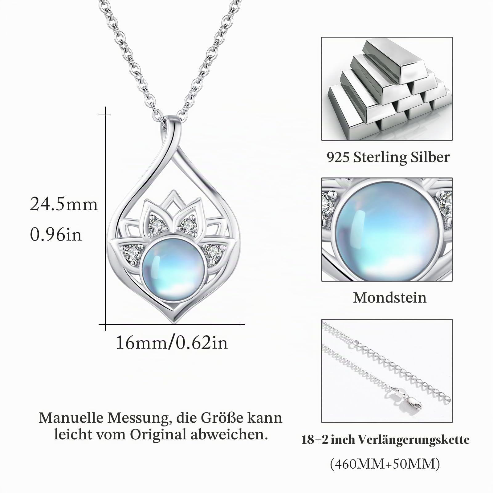 OHAYOO Lotus Kette Damen 925 Sterling Silber Mondstein/Katzenaugen/Aquamarin/Türkis/Opal/Kies Abalone Anhänger Kette Lotus Blume Yoga Halskette Schmuck Geschenke für Damen Frauen Mädchen