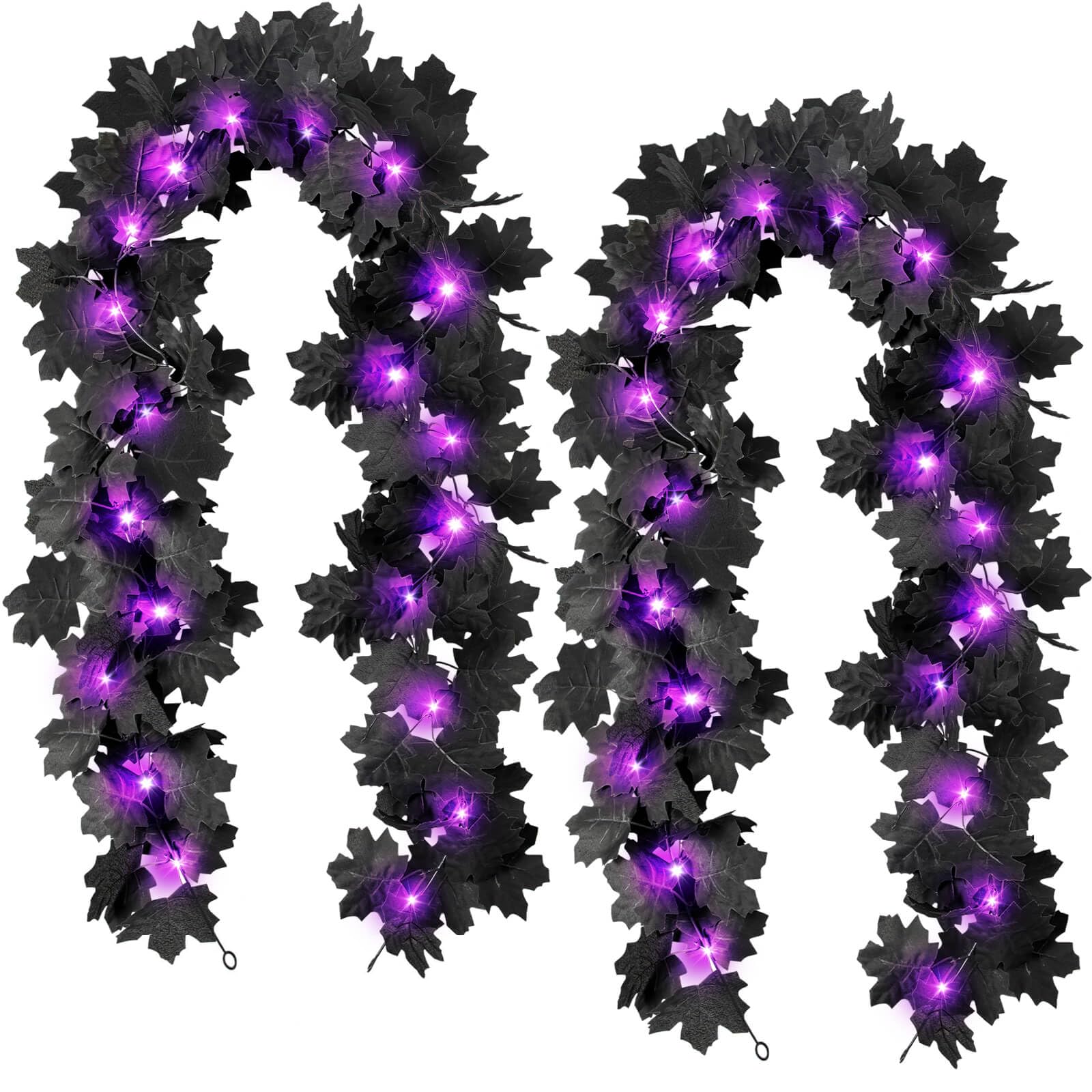 Black Leaf Garland with Purple Lights, 2 Pack Halloween Artificial Hanging Fall Leave Vines with 20 LED, Fall Floral Garlands Thanksgiving Decor for Home Wedding Party (11.8FT)