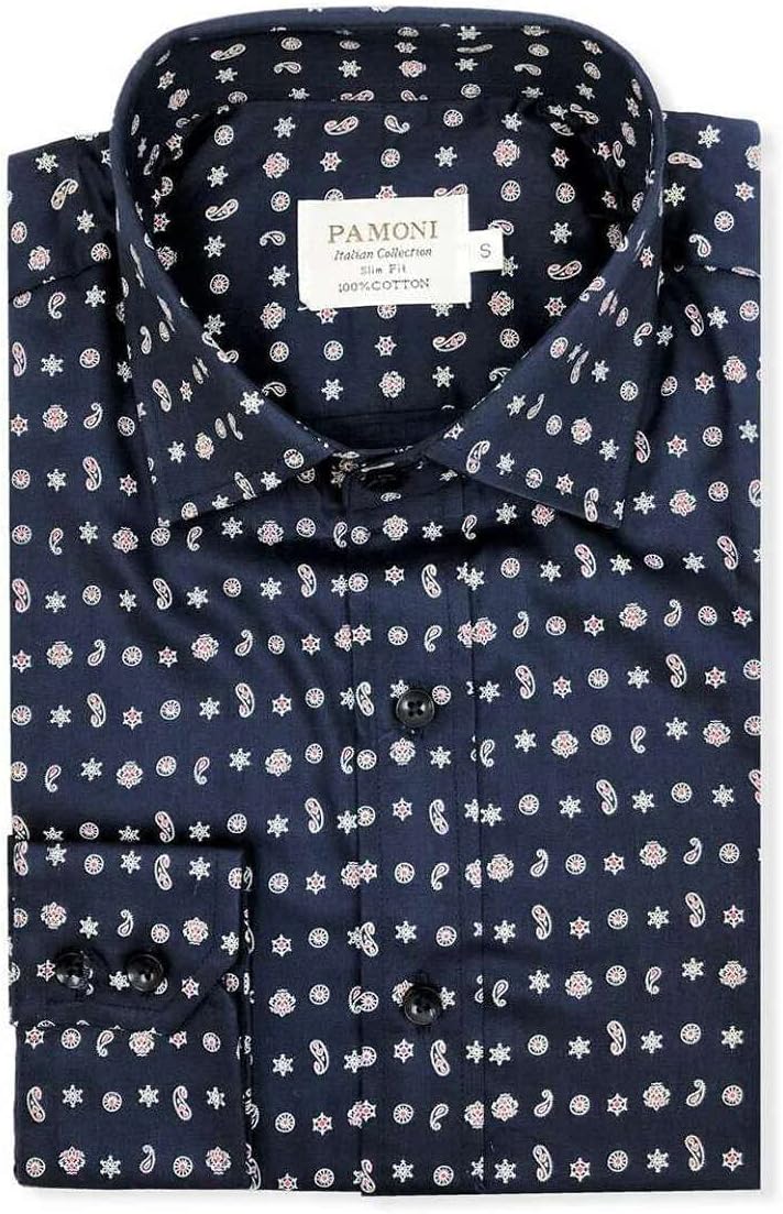 Pamoni Navy Print Slim Fit Shirt Blue M