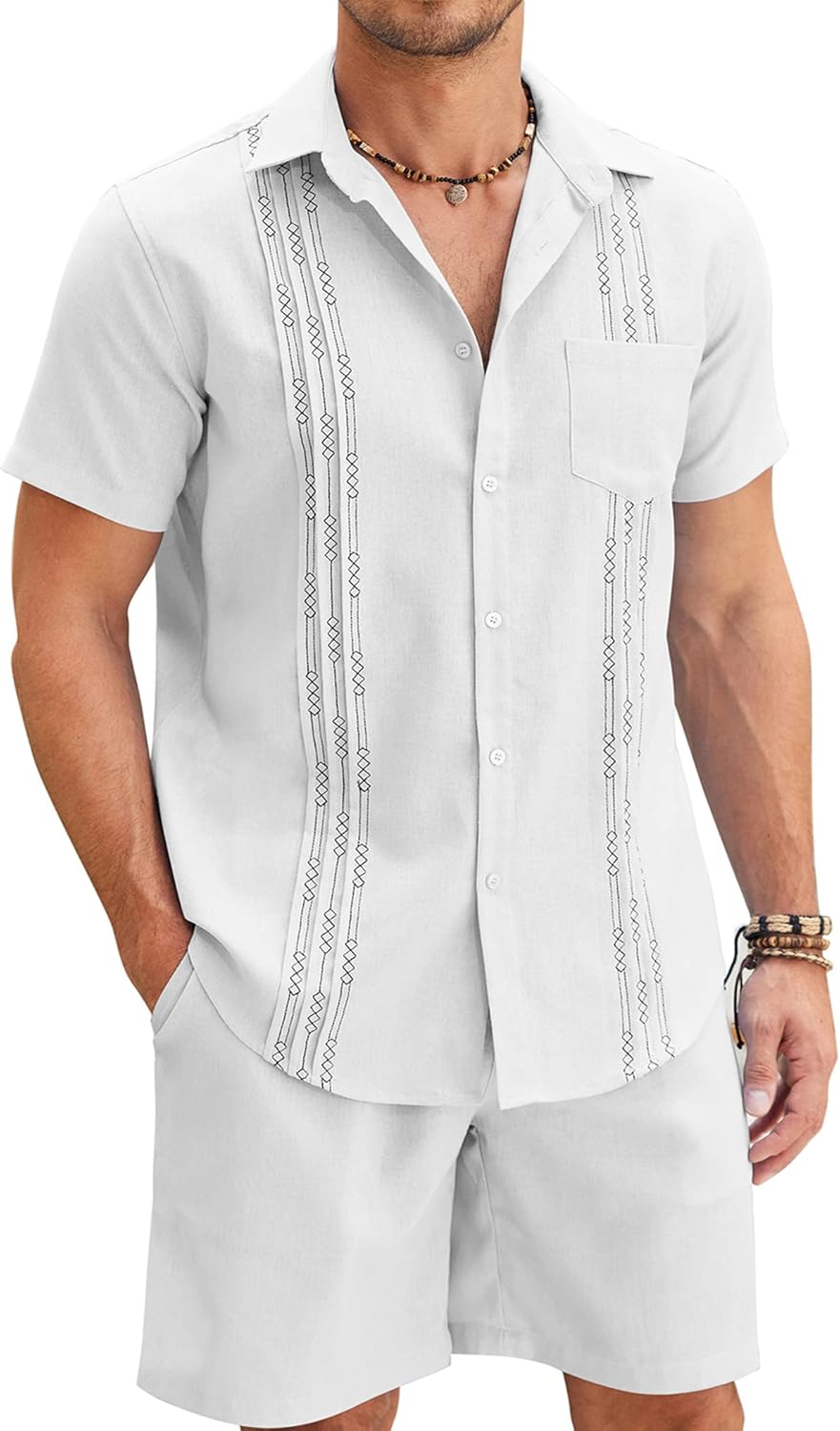COOFANDY Men Linen Sets Outfits 2 Piece Short Sleeve Cuban Shirts Guayabera Linen Suit