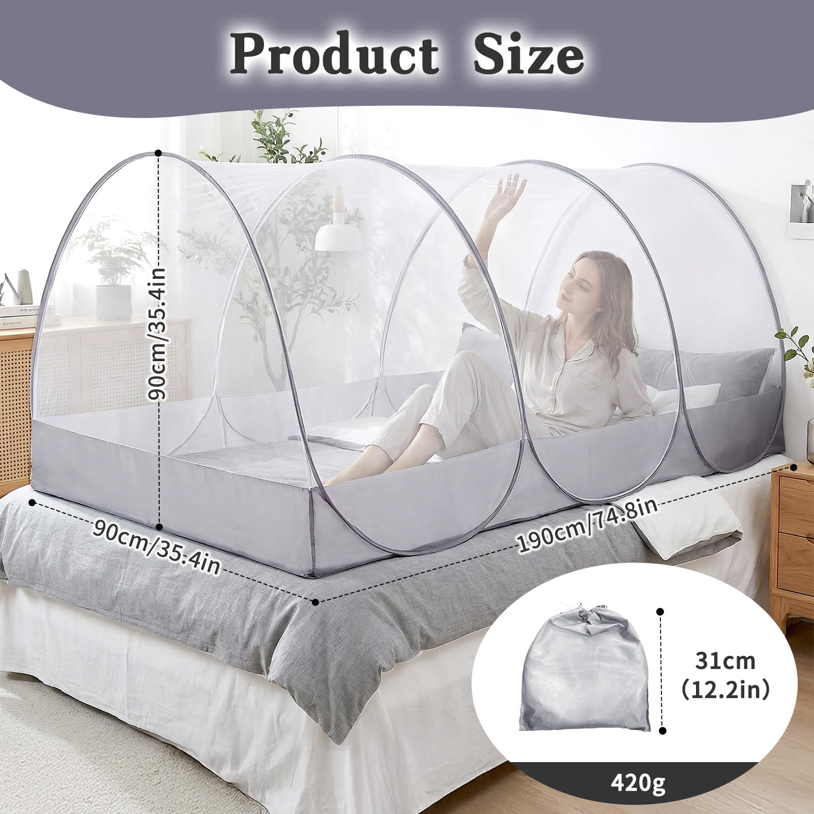 Pop Up Moskitonetz Bett 190x90x90cm Groß, Faltbares Bettzelt für Reise Camping Outdoor, Moskitonetz Reise mit Tragbarem Design, Mückenschutz für Kinder Erwachsene - Leicht zu Verstauen