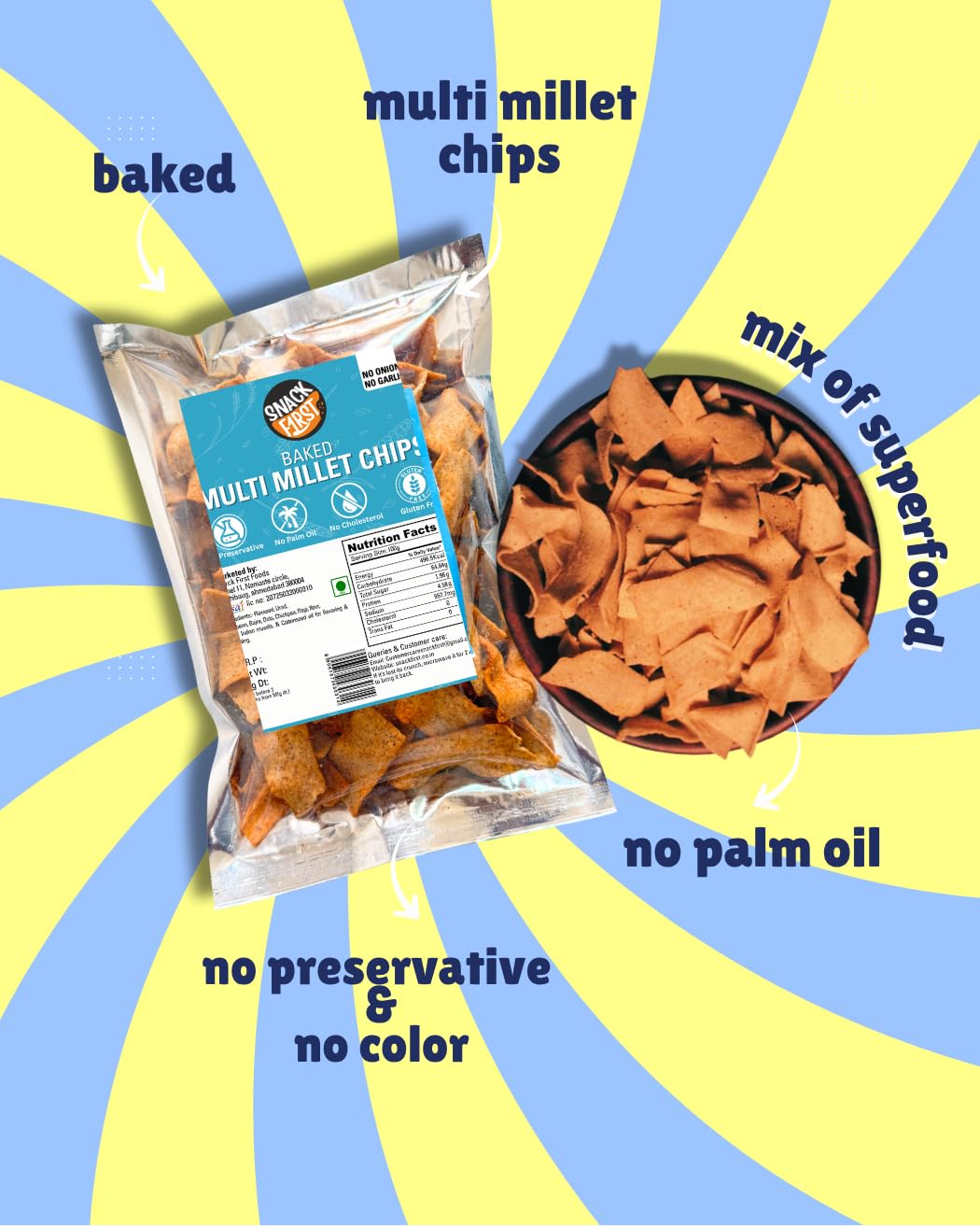 Snack First Baked Millet Chips, Masala, Gluten Free, No Preservative, No Palm Oil, Thin Cruchy Crispy Snacks, Pack of 2, 200g (100gx2) 2