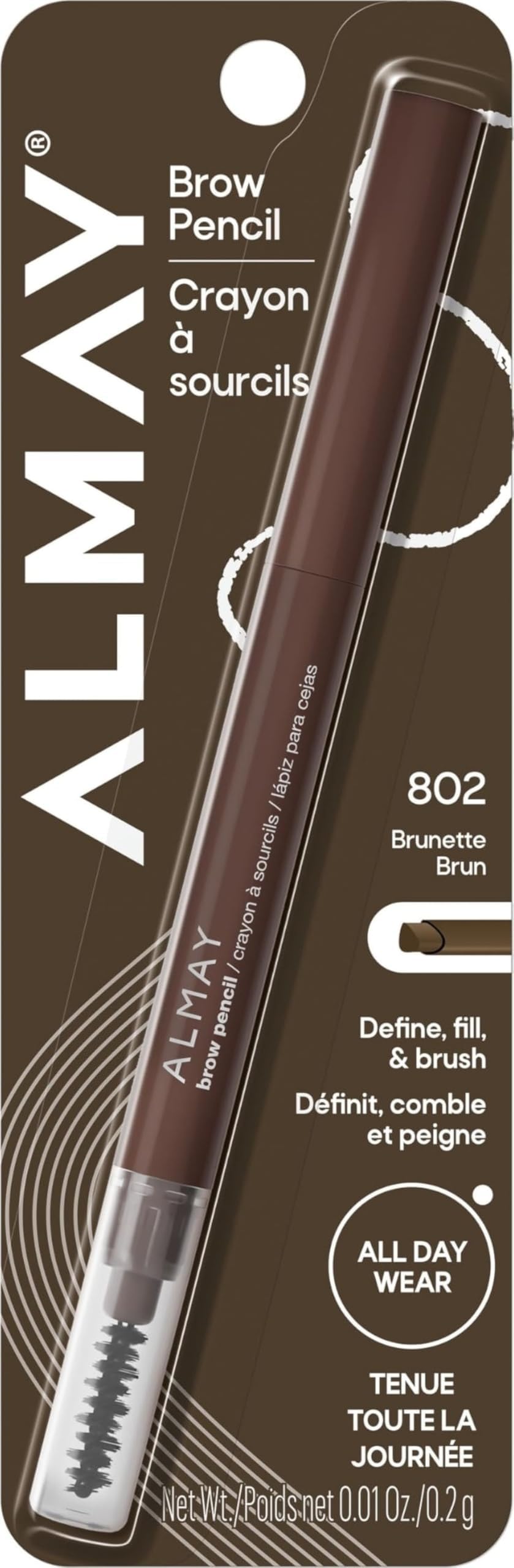 Almay Brow Pencil with Spoolie Brush, 802 Brunette | Dual-ended eyebrow pencil with spoolie brush. Defines, fills, and styles brows. Color lasts all day, won’t smudge or budge.