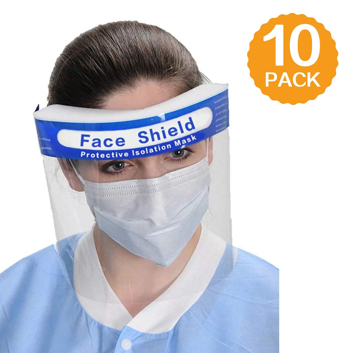 [FDA Approved] 10PCS Safety Face Shield Medical Full Face Protect Eyes and Face Plastic Face Shield with Protective Clear Film Elastic Band and Comfort Sponge