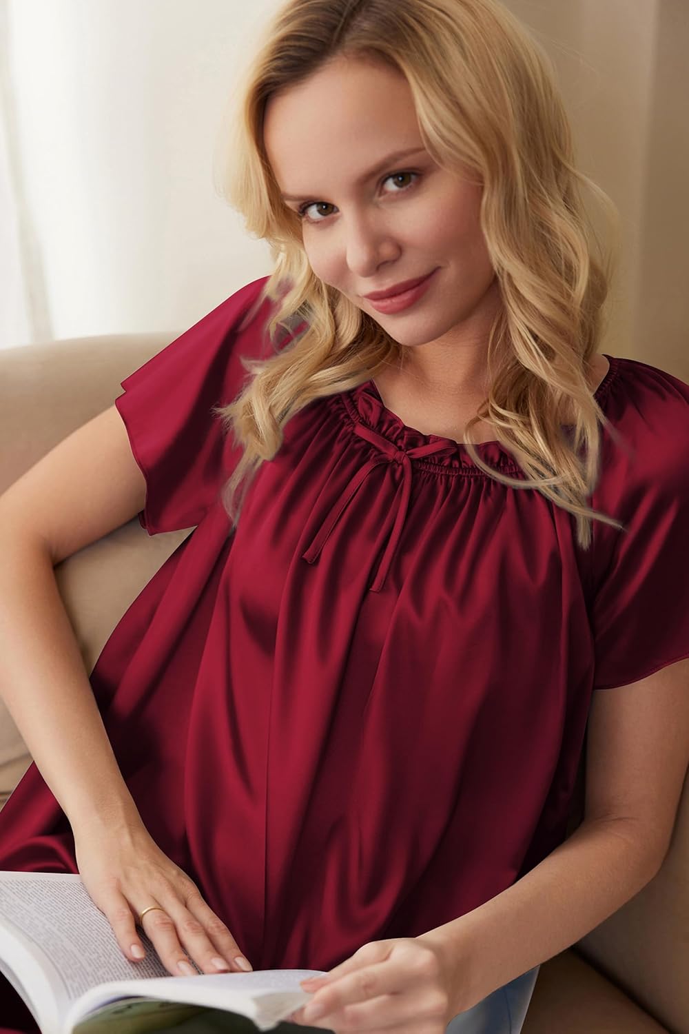 Ekouaer Women's Satin Silk Pleated Nightgown Loose Sleepwear Printed Nightshirt Short Sleeve Sleep Dress - Image 3