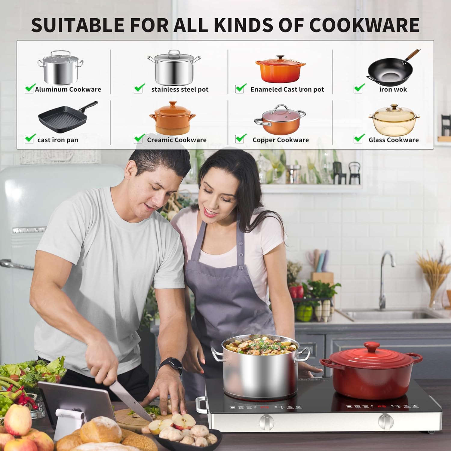 VBGK Double Electric Hob, 220V 3520W Ceramic Hob with Handle, Electric Hot Plate with 9 Power Levels, Child Safety Lock, Timer,Knob and Touch Control, 2 Burner Cooktop — view 5