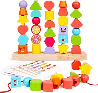 Kvintes Montessori Wooden Bead Sequencing Toy Set Wood Lacing Beads Matching Shapes Colors Sorting Stacking Toy for 3-5 Year Old STEM Preschool Learning Recognition Toys Stacking Blocks
