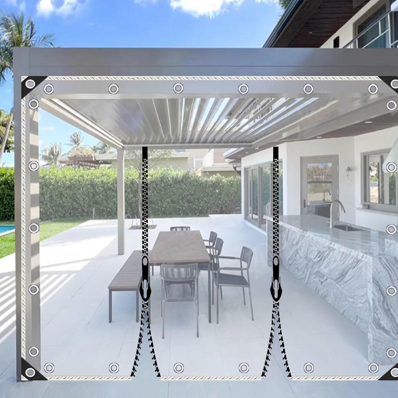 Kooein W×H Waterproof Clear Tarpaulin Side Panels,0.5Mm Pvc Plastic Tarpaulin With Grommets,Outdoor Transparent Tarpaulin Curtain With Zip,Protective Tarp For Gazebo Porch Pergola Tent,-3×2.1M/9.8×6.9Ft