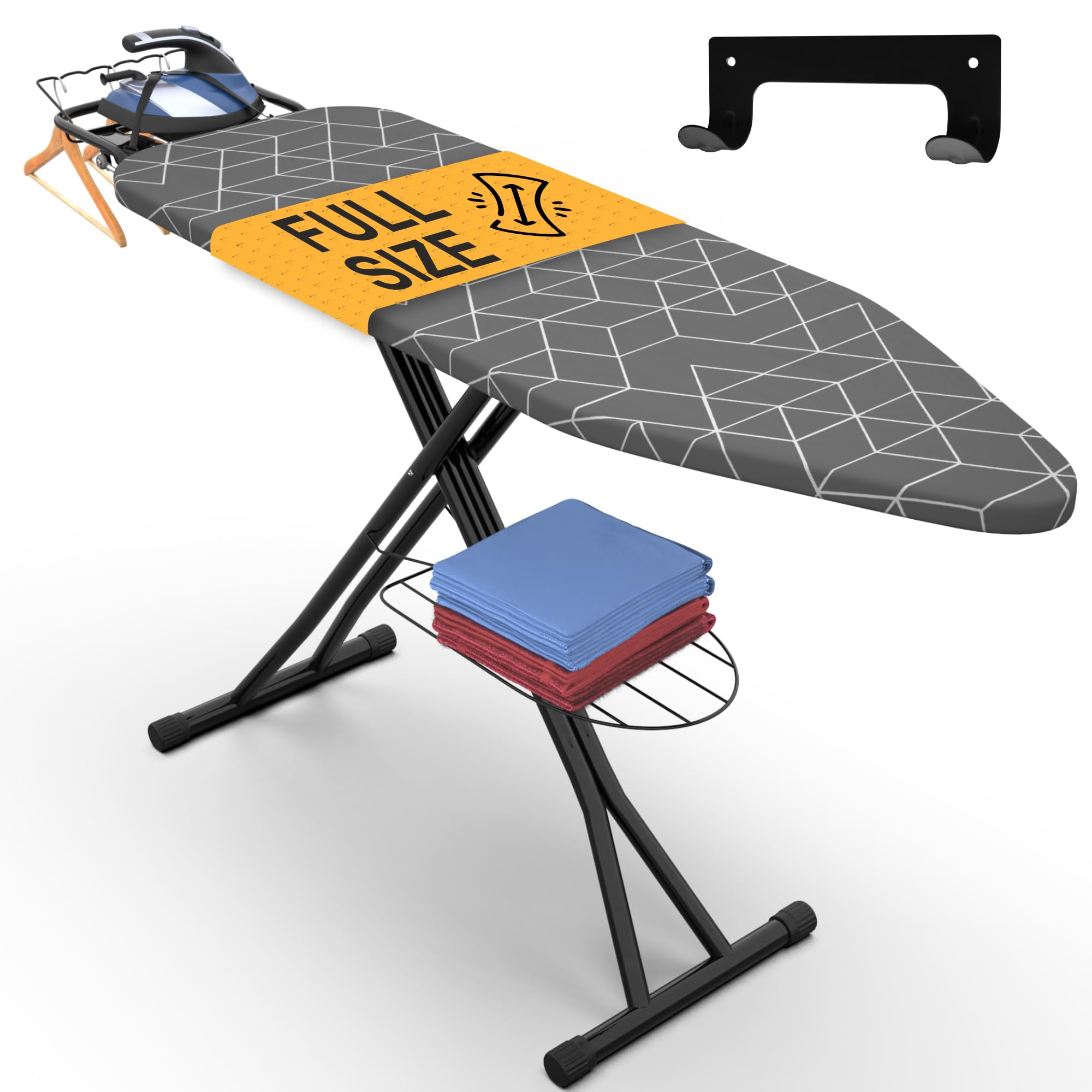 xabitat full size ironing board, 57"x15" wide heavy duty iron board with wall mount hanger – foldable, height adjustable 30-36", full metal frame, heat & scorch resistant 3-layer cover, cord holder