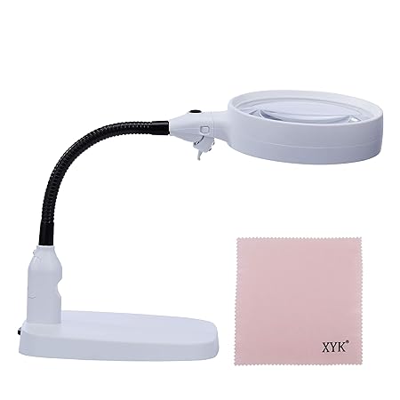 XYK Large LED Lighted Magnifier with Stand - Folding Design with 6 LED Lamp - Best 10X Hands Free Magnifying Glass with Light for Reading
