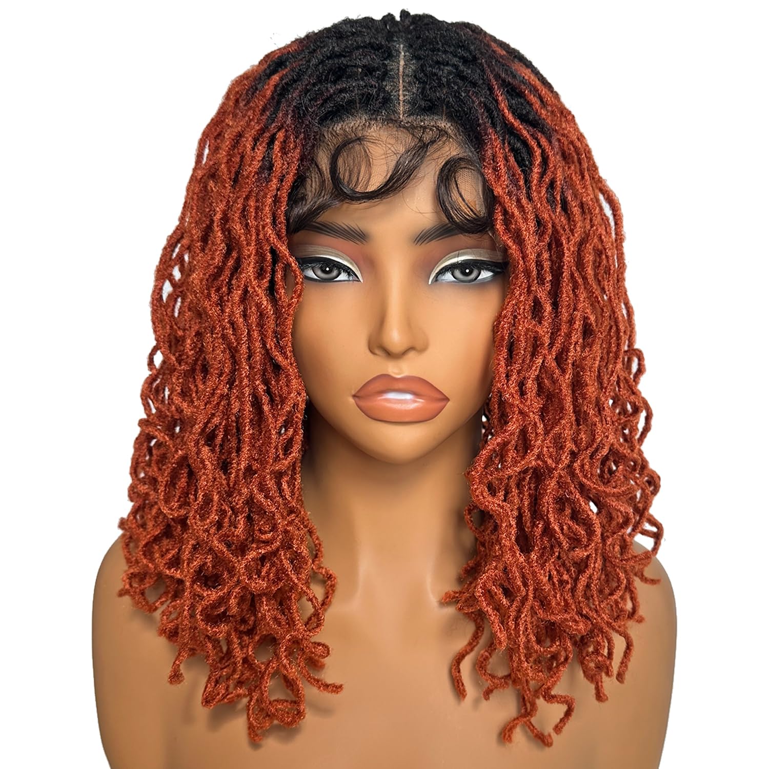 SOKU Afro Curly Faux Locs Lace Front Wig 4x4 Short Braided Wigs for Black Women 14 Inch Ruby Copper Red Twist Dreadlock Synthetic Wigs Ready to Wear