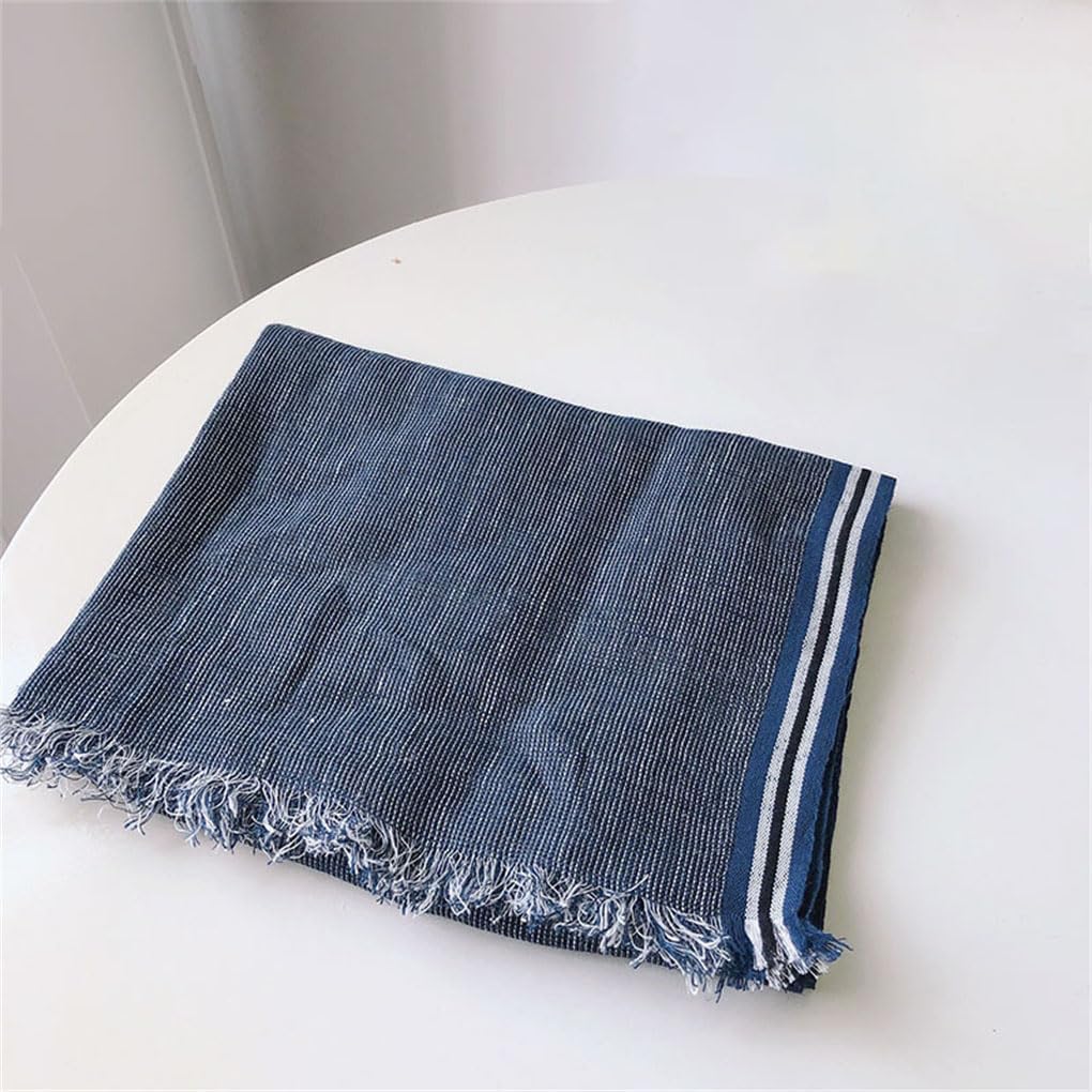 Men's Linen Scarf Blue Color Versatile Breathable Shawl Casual Striped Scarf For Men
