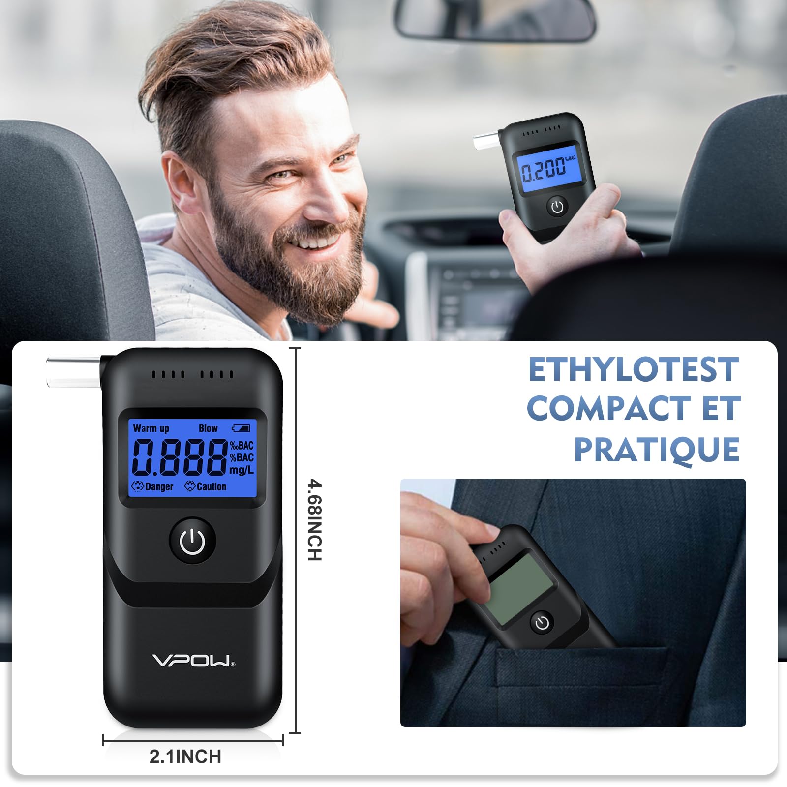 VPOW Ethylotest, Éthylotest Electronique avec Affichage Numérique LCD Bleu, Précision de Qualité, Alcootest Électronique Personnel pour Usage Domestique et Professionnel - Noir foncé