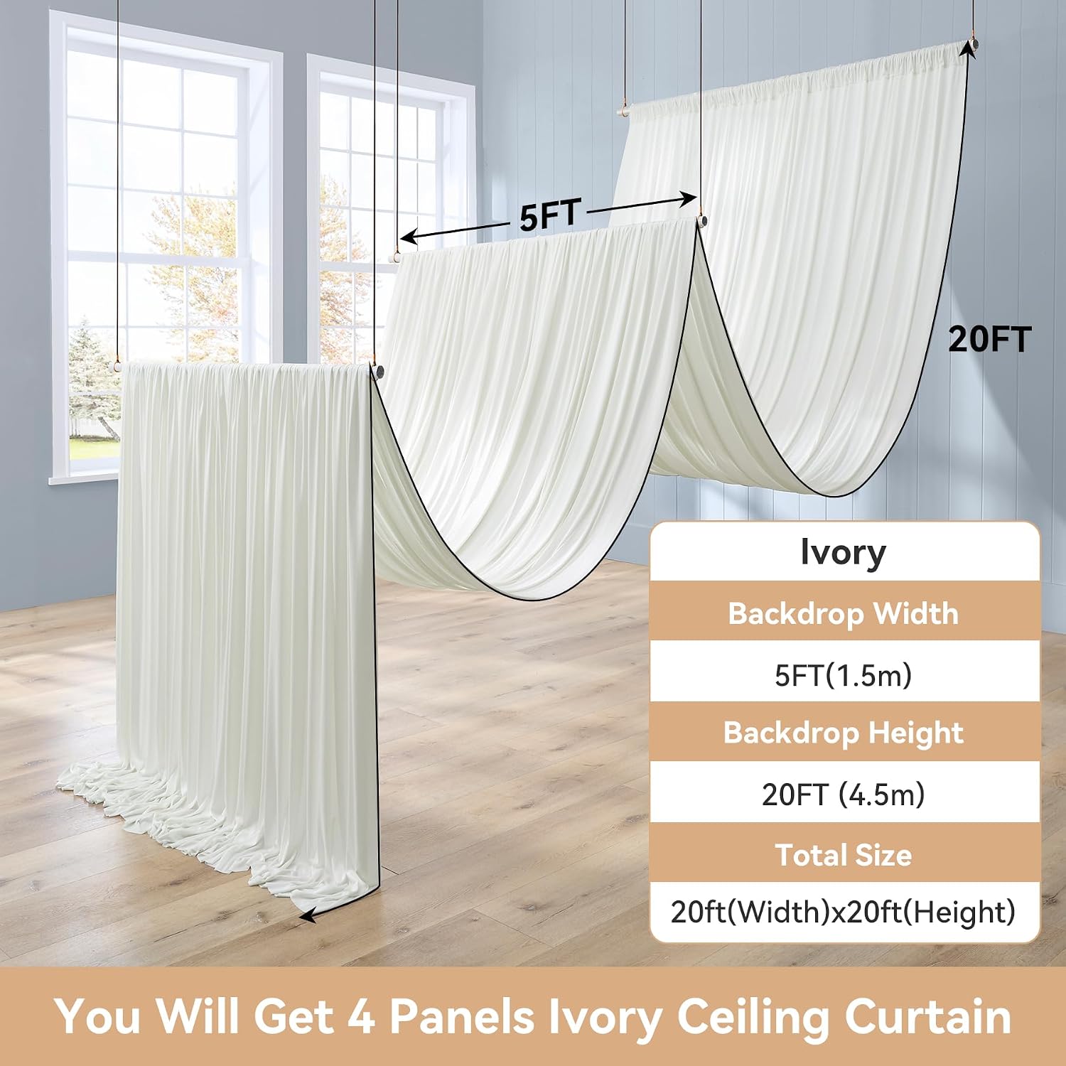 20ft×40ft Ivory Ceiling Drapes for Weddings Parties, 20×40  Long Ceiling Curtain for Tent Canopy,Wrinkle Free Silk Easy to Draping&Hang Ivory Drapes for Event Church Stage Photo Bedroom