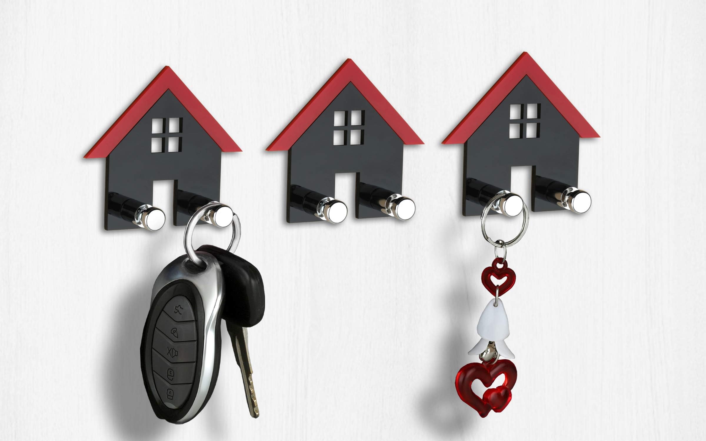PSM 171-HM Heavy Duty Acrylic Adhesive Decorative Sticky Key Holder (Black - Red, H75 x W68 x D23 mm) Pack of 3