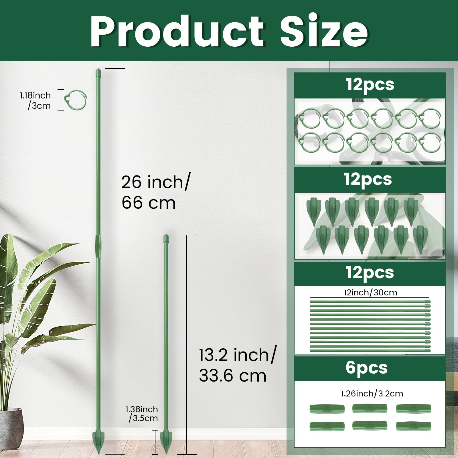 Gigmeta Podpory do roślin – podpory z regulacją wysokości 33/66/99 cm, zestaw 12 sztuk, stabilna podstawa, zielone podpory do ogrodu wewnątrz i na zewnątrz