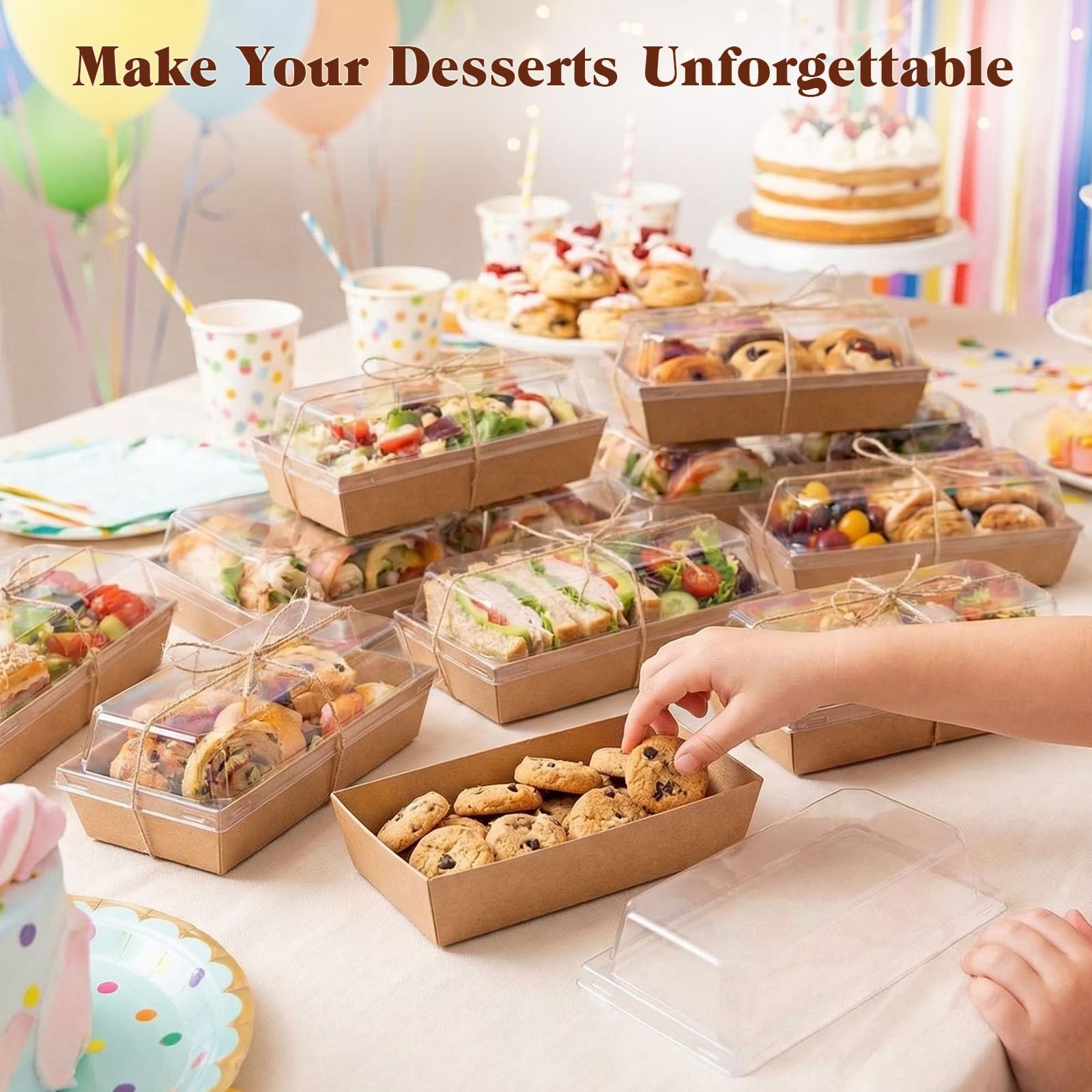 VGOODALL Lot de 48 boîtes à charcuterie, petites boîtes en papier avec couvercle transparent pour sandwich, dessert, gâteau
