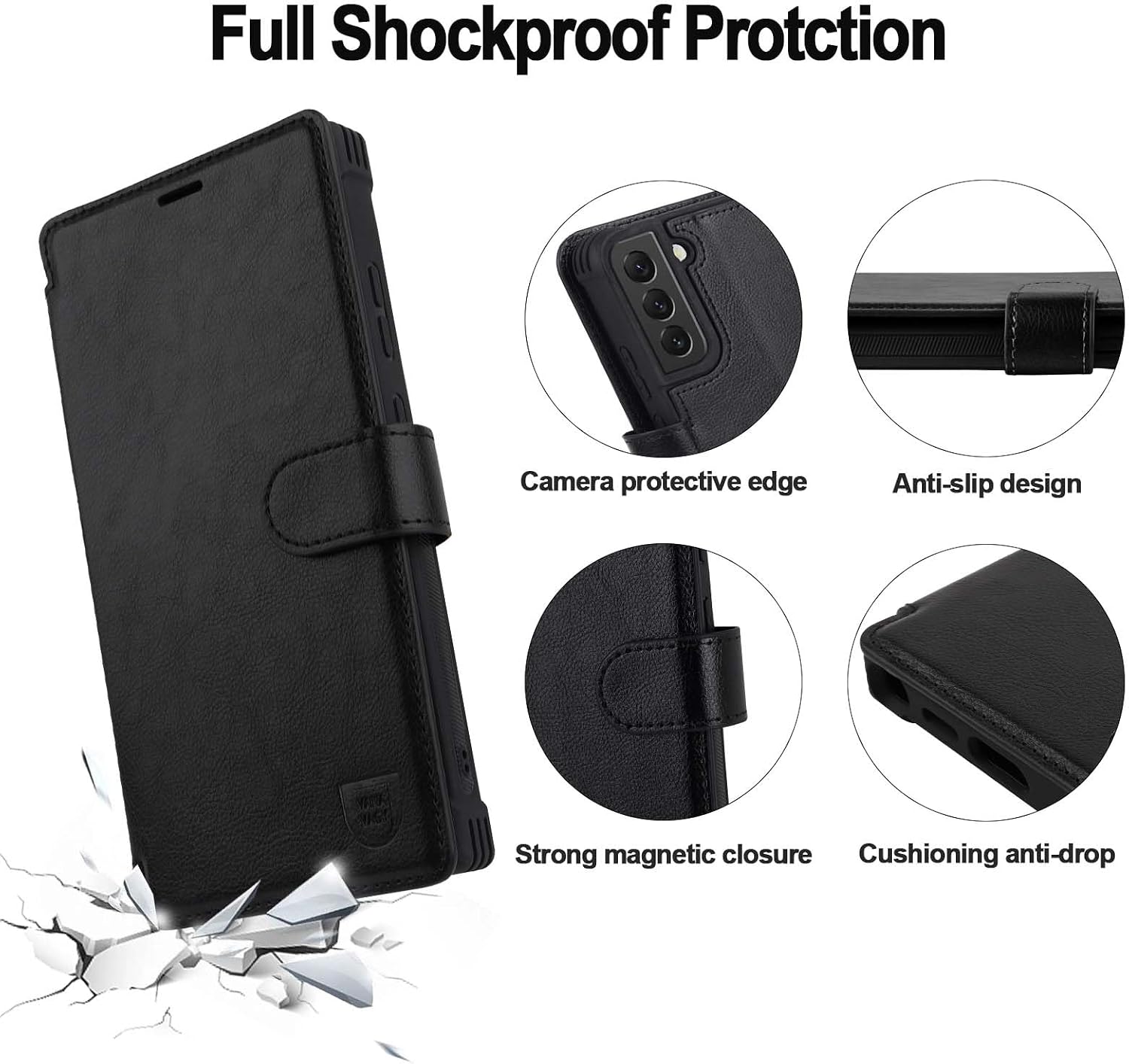 VANAVAGY Compatible for Galaxy S22 Wallet Case for Women Men, PU Leather Flip Cover with Wrist Strap for Wireless Charging with RFID Blocking Card Holder Screen Protector,Black