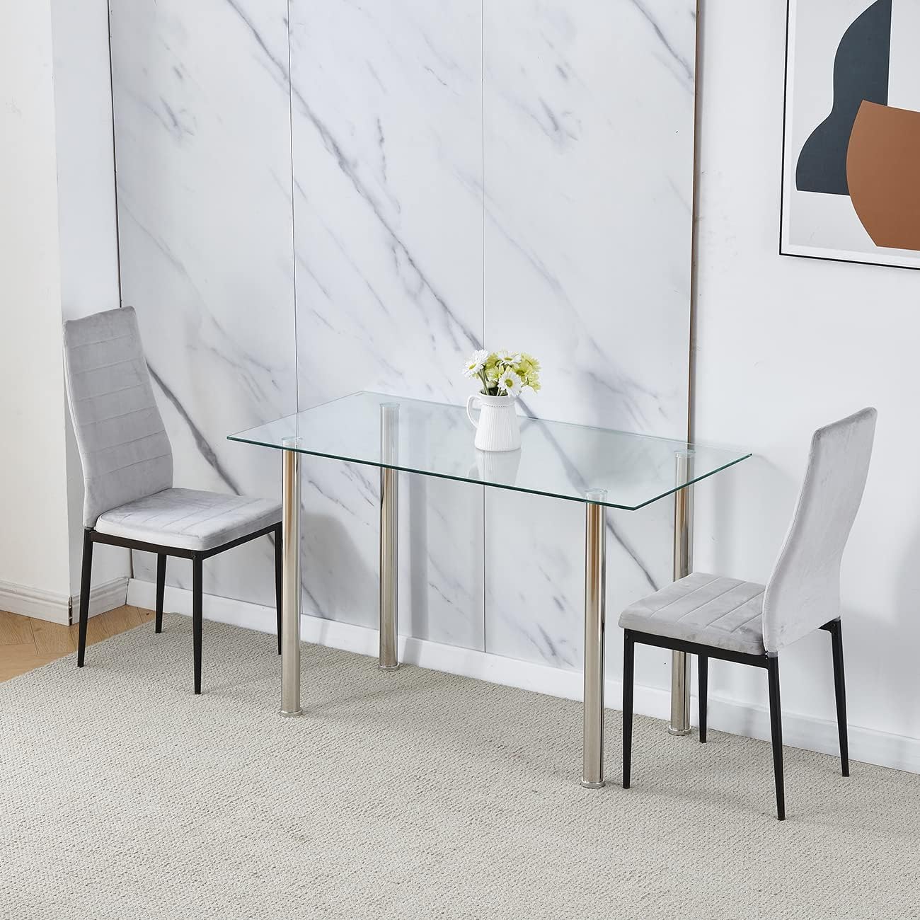 NIBLU Dining Table Set for 2,Rectangular Glass Table and 2 PU Leather Chairs Set