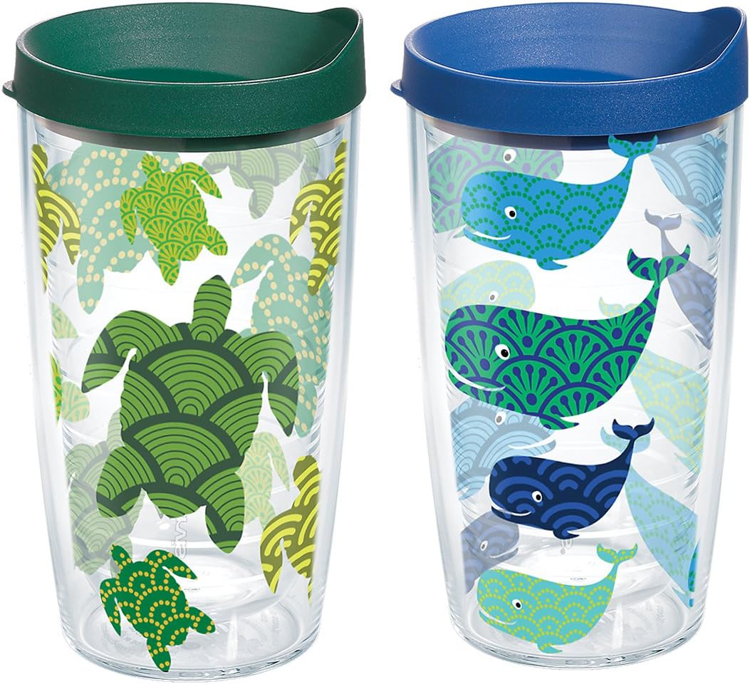 Tervis Turtle and Whale Pattern Made in USA Double Walled Insulated Tumbler Cup Keeps Drinks Cold & Hot, 16oz - 2pk, Clear