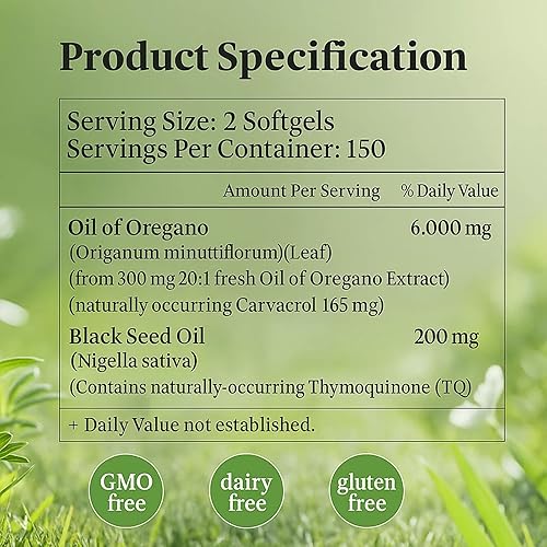 Miniatura 6 de Resilia Aceite de orégano con aceite de semilla negra, cápsulas de orégano orgánico 2 en 1, con 85% de aceite de orégano Carvacrol, para apoyo