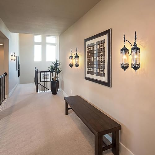 Miniatura 5 de RONGHUAFUGUI Apliques de pared negros góticos, lámpara de pared rústica de 2 luces de cristal ámbar, aplique de pared único vintage para dormitorio,