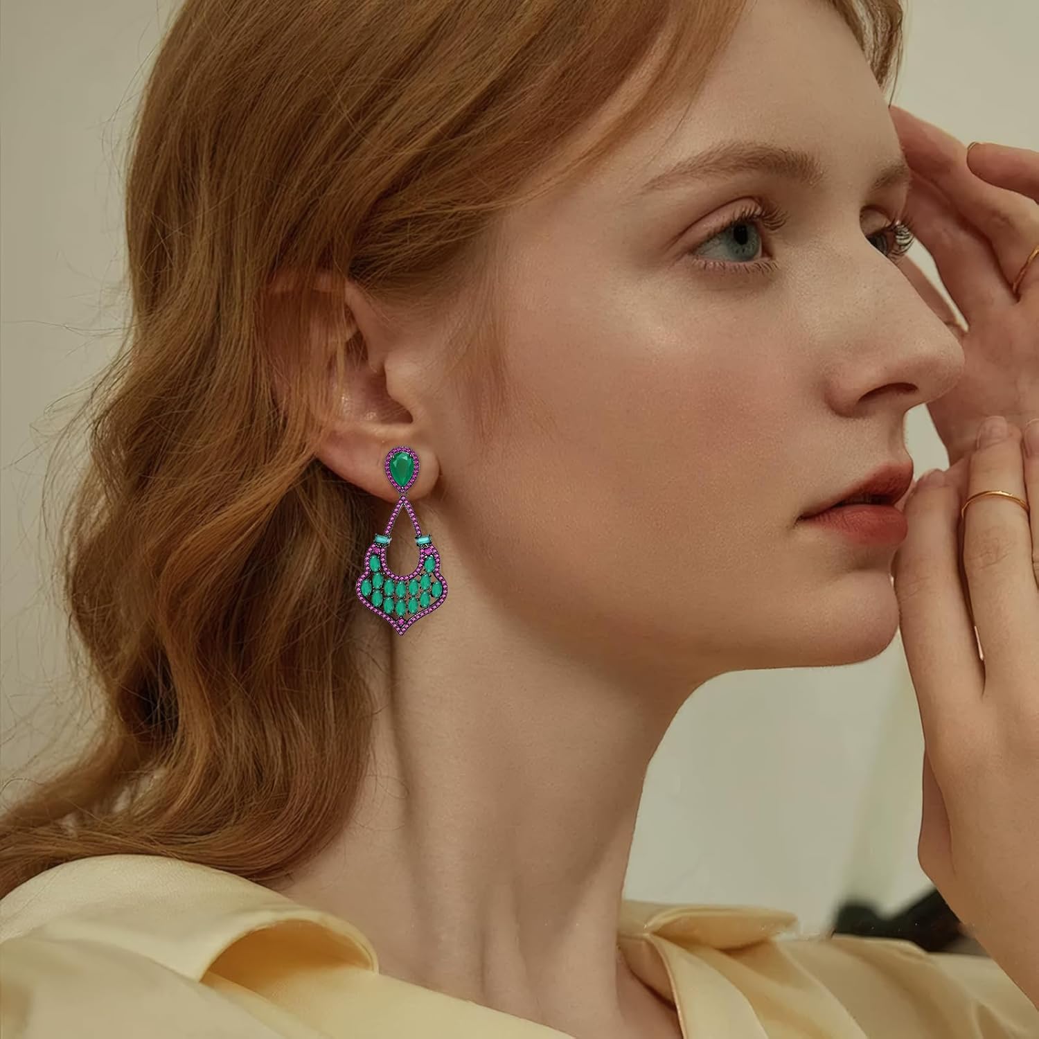 Dangle Emerald Green Crystal Earrings for Women Ruby Red Corundum Cubic Zirconia Drop Earrings Fashion Jewelry Gift for Wedding Prom Party - Image 3