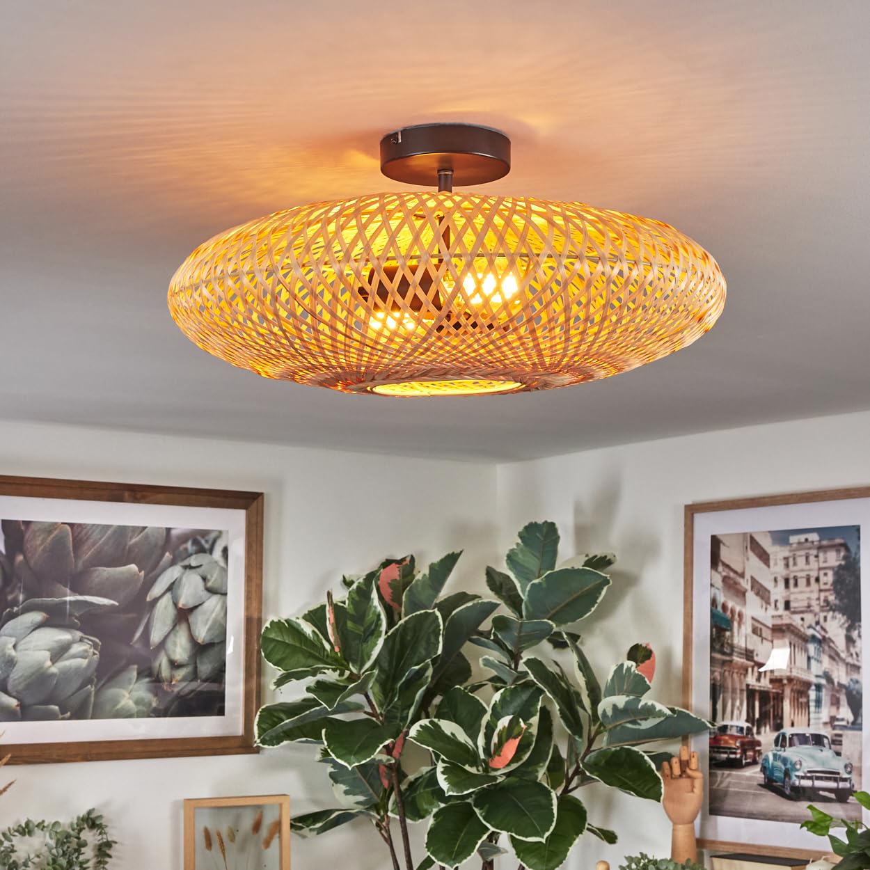 HOFSTEIN Deckenleuchte Boggsjo, Deckenlampe aus Metall/Bast in Schwarz/Naturfarben, runde Leuchte im Boho-Design (Ø 50 cm) mit tollem Lichteffekt, E27, Esszimmer, Wohnzimmer, Schlafzimmer, Küche