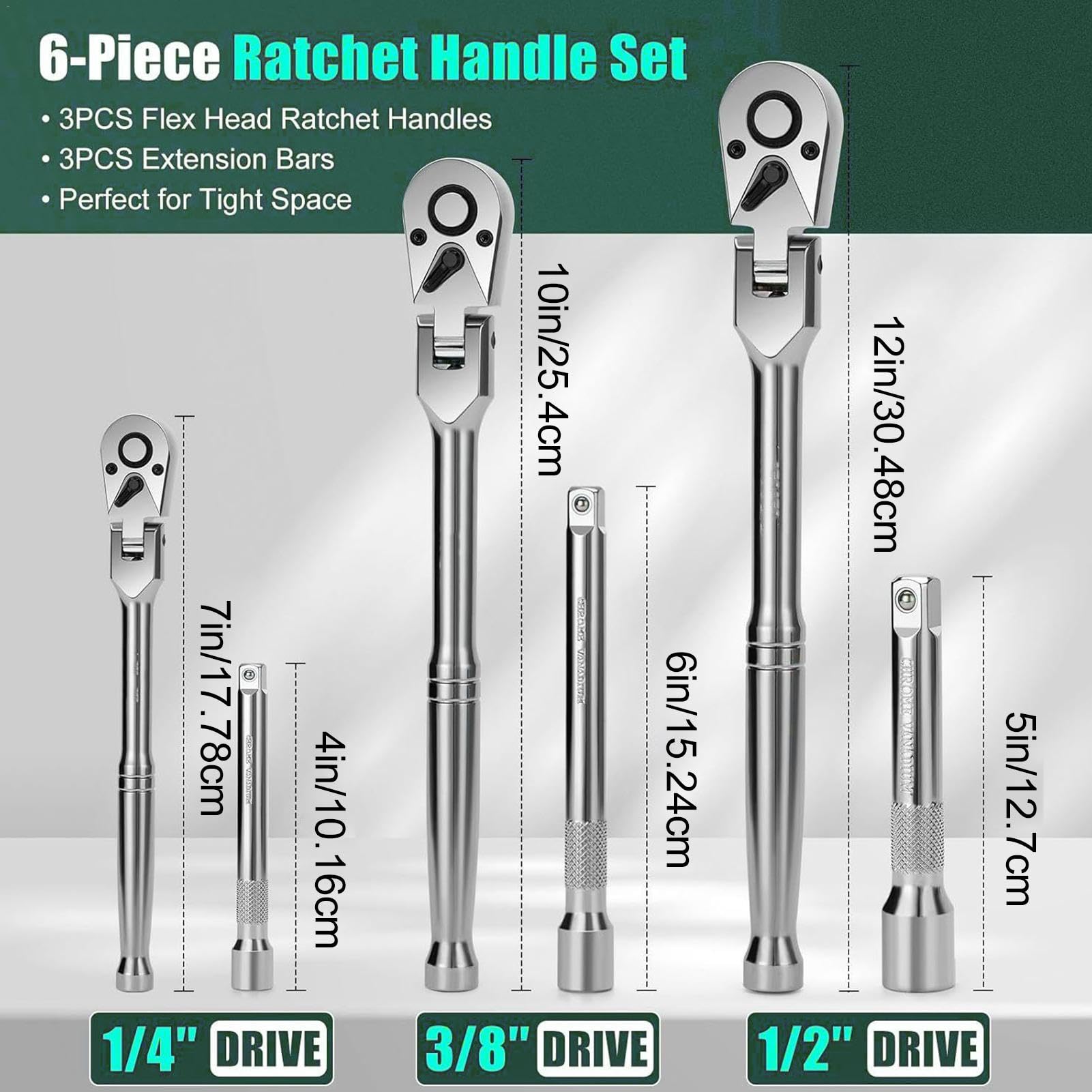 Chiave a bussola regolabile, chiave a cricchetto estraibile, chiave a cricchetto regolabile a 180 gradi, set di 6 chiavi con 72 denti, 1/4, 3/8, 1/2 pollici con di prolunga per | chiave a cricchetto regolabile a 180 gradi, set di 6 chiavi con 72 denti, 1/