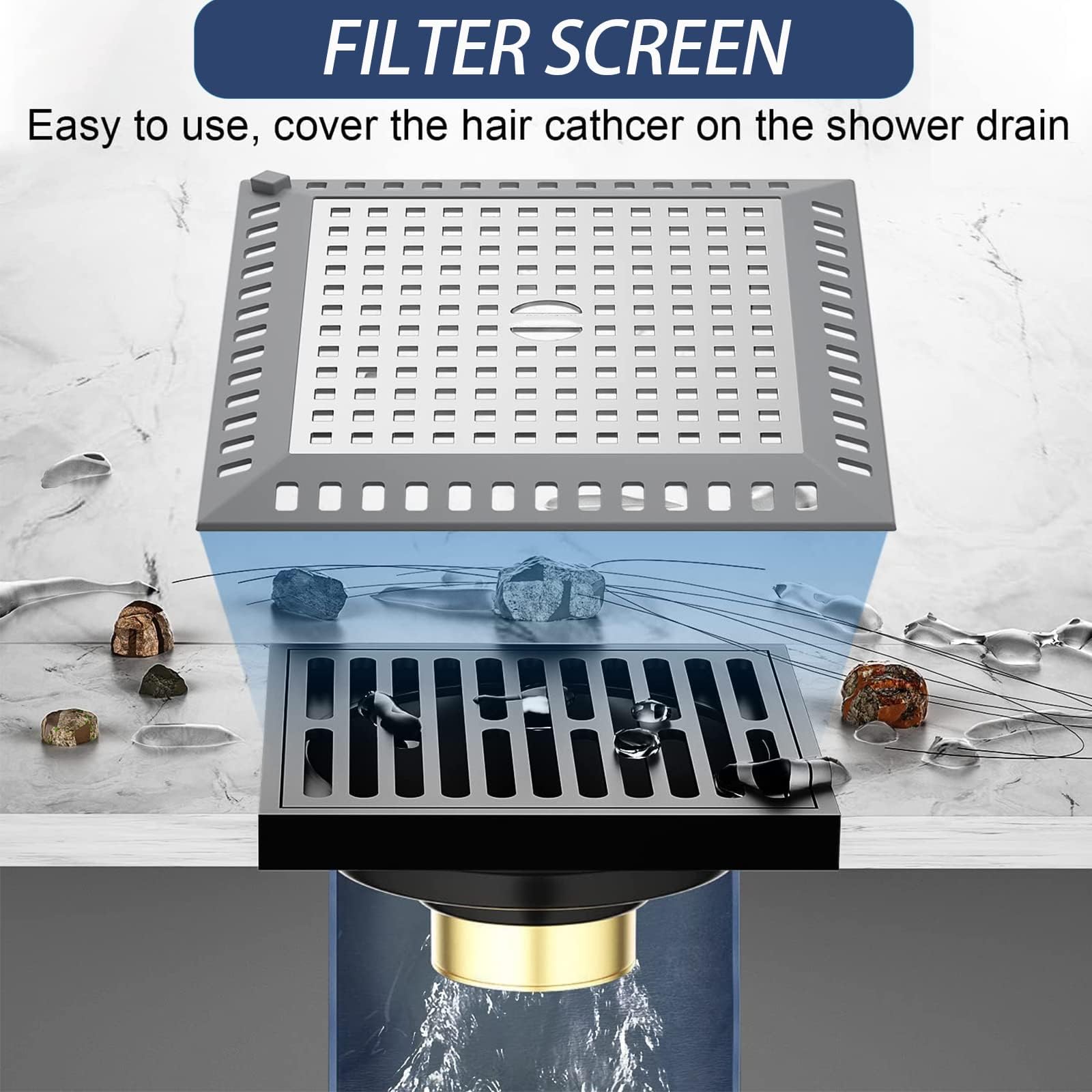 Filtro Per Scarico Doccia Quadrato In Acciaio Inox - Anticapelli E Detriti (9.2 Cm) - 2
