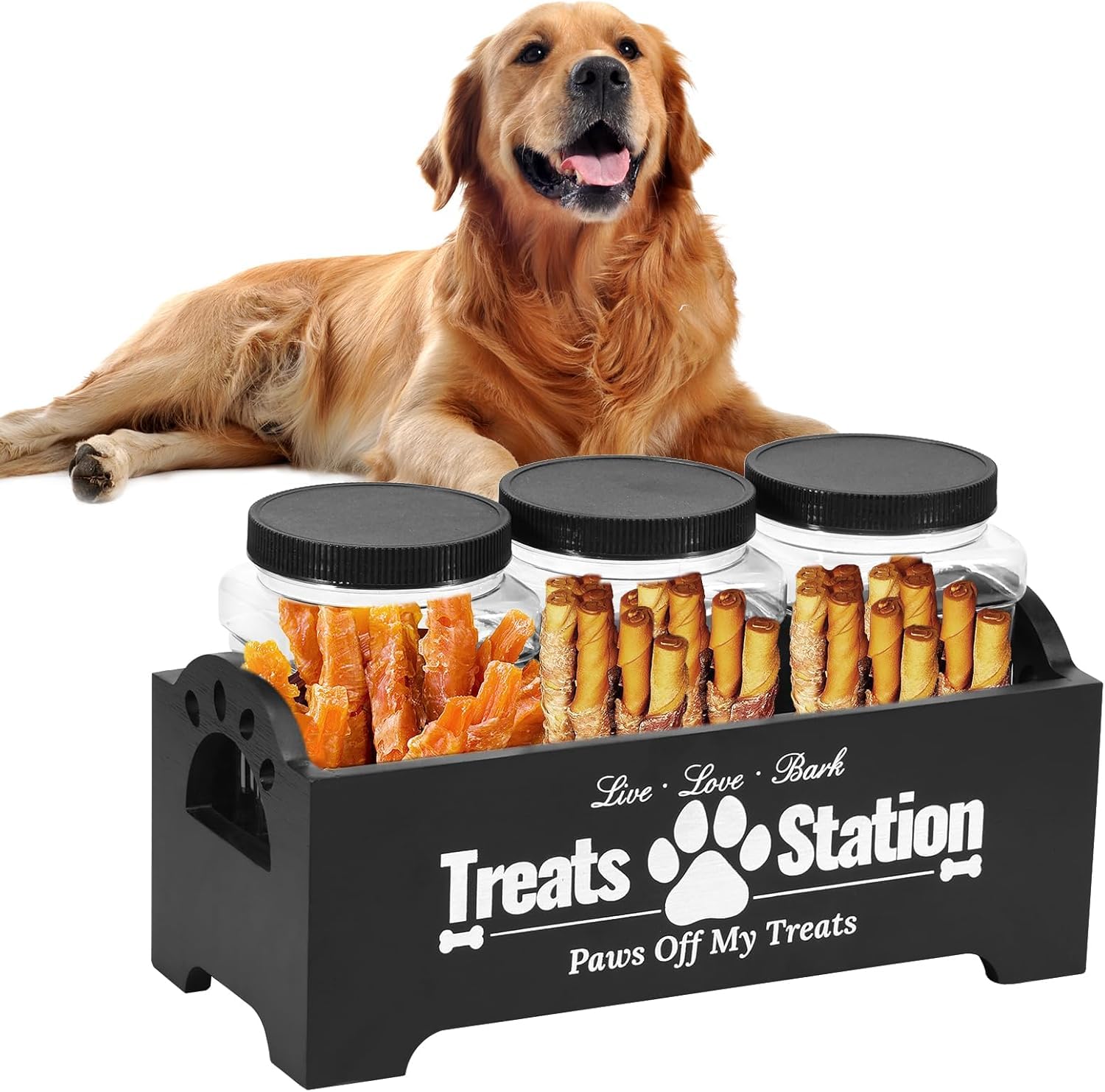 WAMEITF Cute Wooden Dog Food Storage Container with Treat Jar, Keep Treats Fresh, Dog Treat Container, Pet Food Storage Organizer for Pet Owners and Lovers (black)