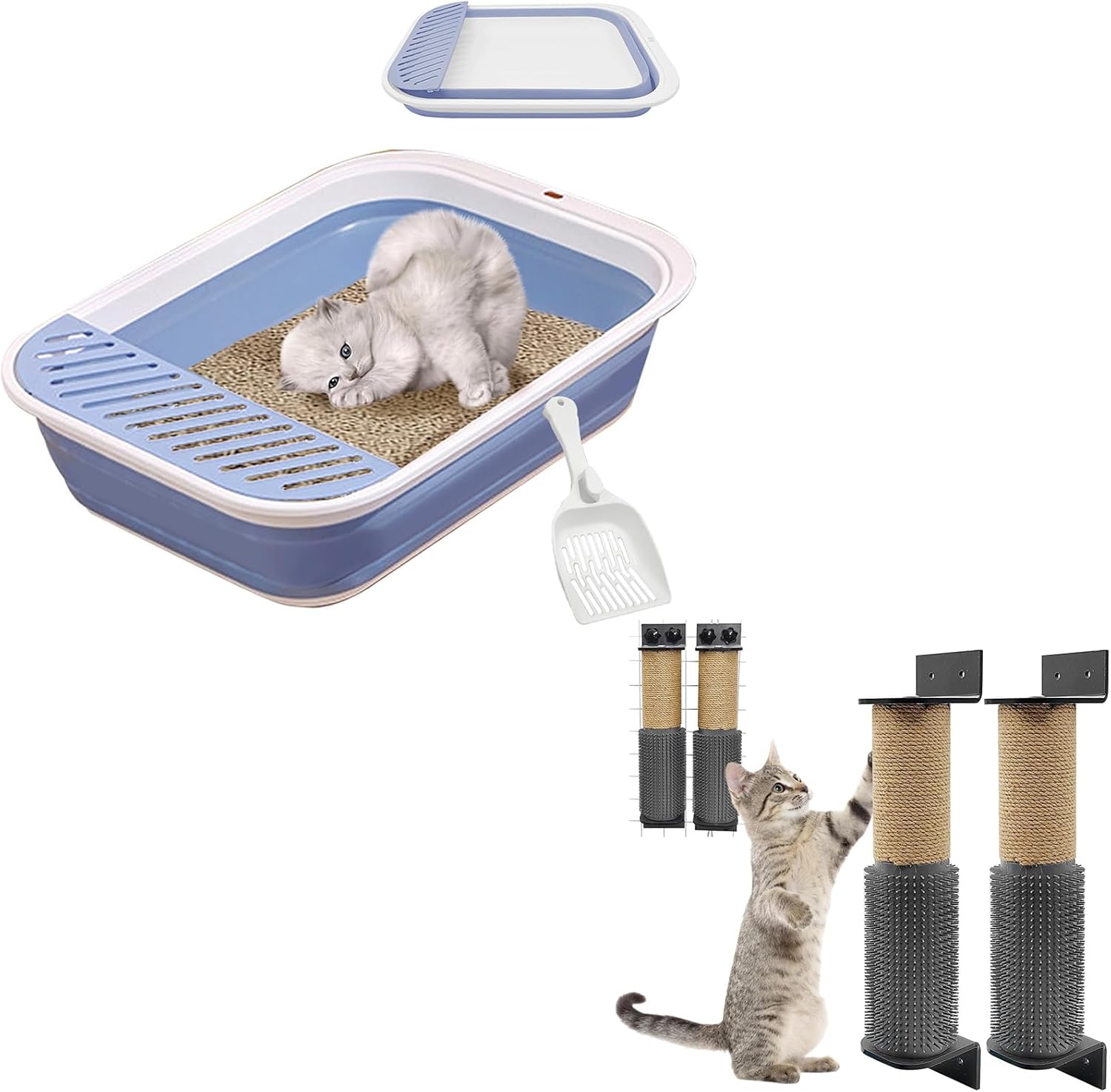VCEPJH Collapsible Small Cat Litter Box Open Kitten Potty Pan with Scoop and Cat Scratching Post for Crate Cage 2 Pack Wall Mounted Cat Scratcher Post with Self Groomer and Massager