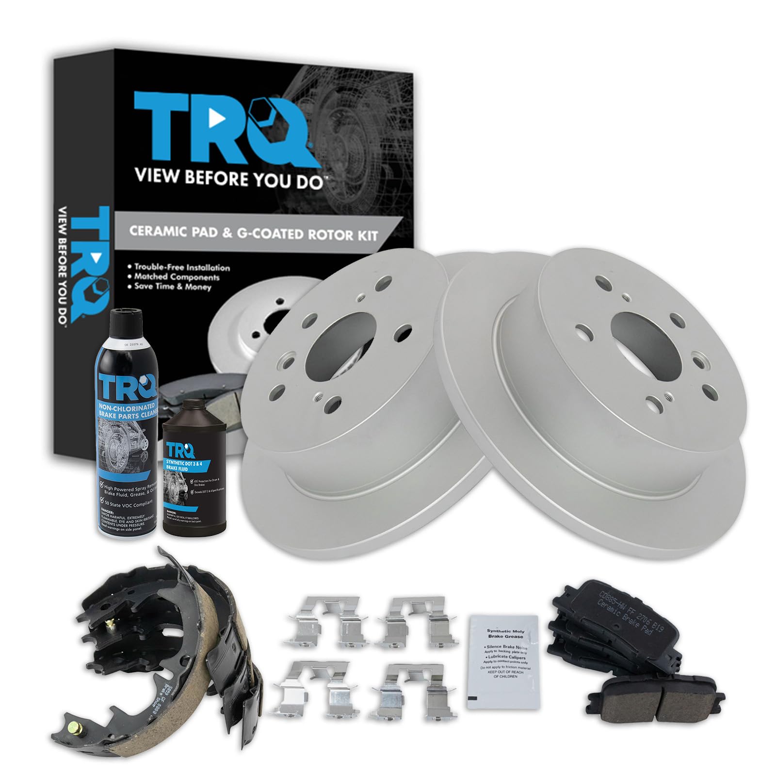 TRQ Rear Brake Pad &amp; Rotor Kit, with Chemical Kit Parking Brake Shoe Set Ceramic Premium G-Coated Compatible with 2002-2003 Lexus ES300 2004-2006 ES330 2002-2006 Toyota Camry
