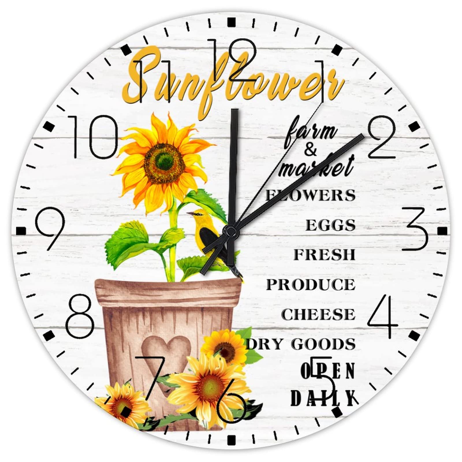 Horloge murale en bois 30 cm fleur jaune silencieuse pour salon