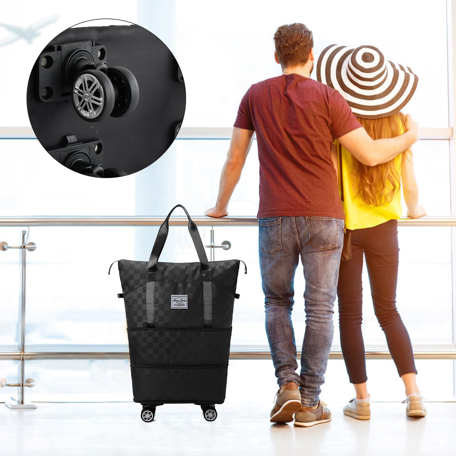 Dokeno Borsa da Viaggio Pieghevole con Ruote Rimovibili, Borsone Pieghevole Espandibile con Ruote per Viaggi, Borsa Weekender da Viaggio con Scomparto Bagnato per Sport, Fitness e Viaggi (bleu)