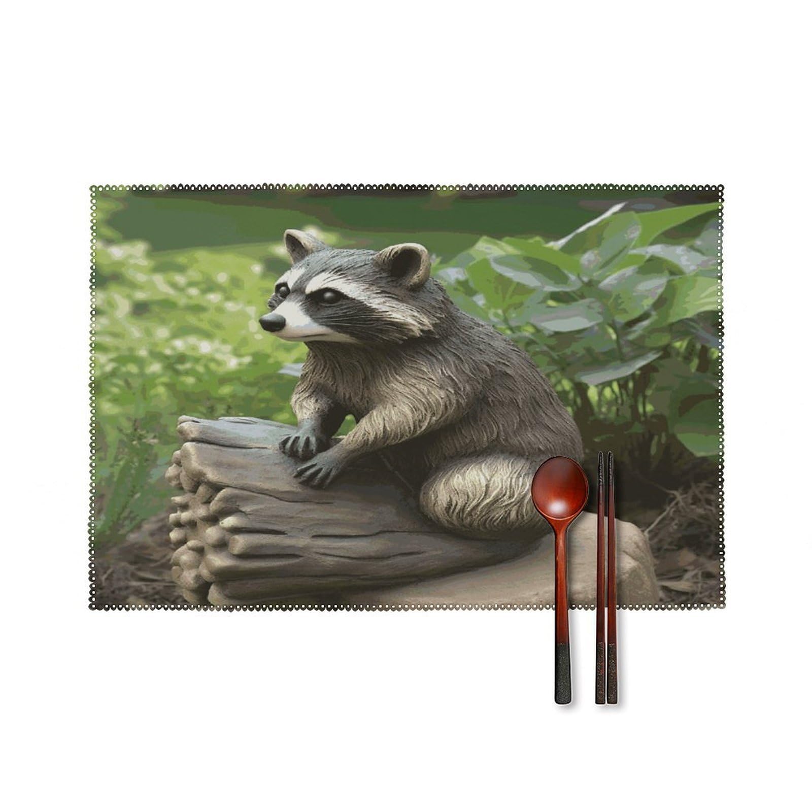 Raccoon Statue Placemats Set of 4 Heat Resistant Non-Slip Place Mats for Dining Table Washable Placemat Wipeable Dining Table Mat Canvas Place Mats Dining Table Decor