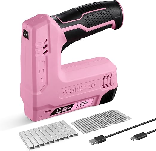 WORKPRO Electric Staple Gun, 2-in-1 Brad Nailer Electric with 2000PCS Staples Nails & USB Charger, 3.6V Staple Gun for Upholstering, Crafts, Carpentry, DIY, Pink Ribbon