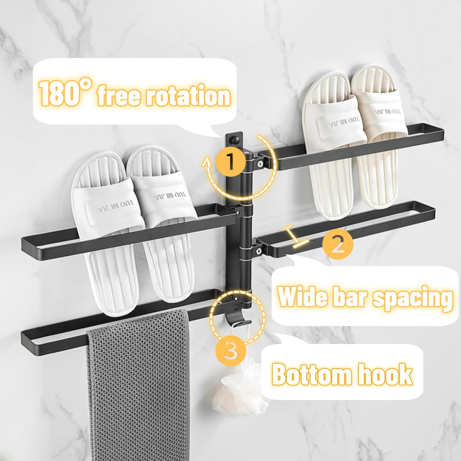 Handtuchhalter mit 2–3 Armen, drehbar, für Bad, Wandmontage, Handtuchhalter mit Haken, doppelte hängende Handtuchstange für Badezimmer, Küche (Grau, 2-armig)