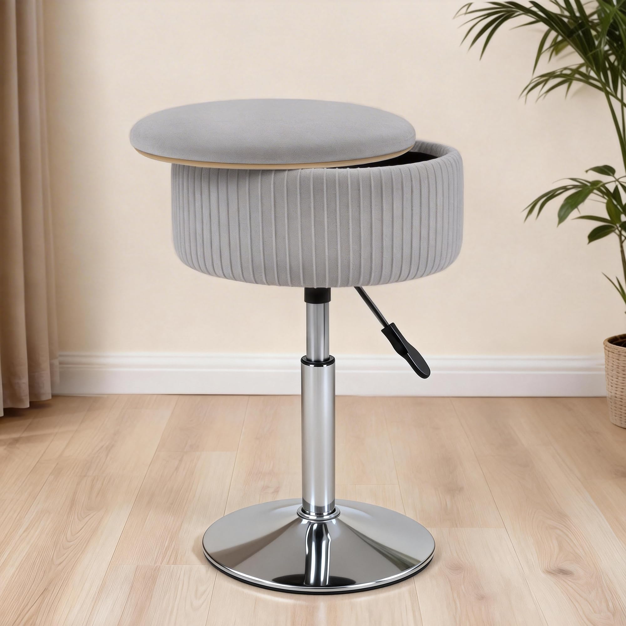 LITZFUR Adjustable Vanity Stool with Storage, 360° Swivel Vanity Chair, Velvet Small Round Ottoman Footrest for Bathroom, Makeup Room, Grey