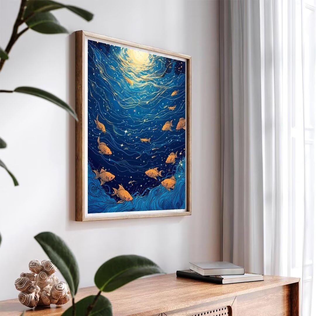 Malen Nach Zahlen Erwachsene Fischwellen Malen Nach Zahlen Bild, DIY Handgemalt Ölgemälde Kit für Anfänger und Kinder Mit 3-Pinseln und Acrylfarbe für Basteln Zuhause Mädchen Geschenk 70x50cm w-5089