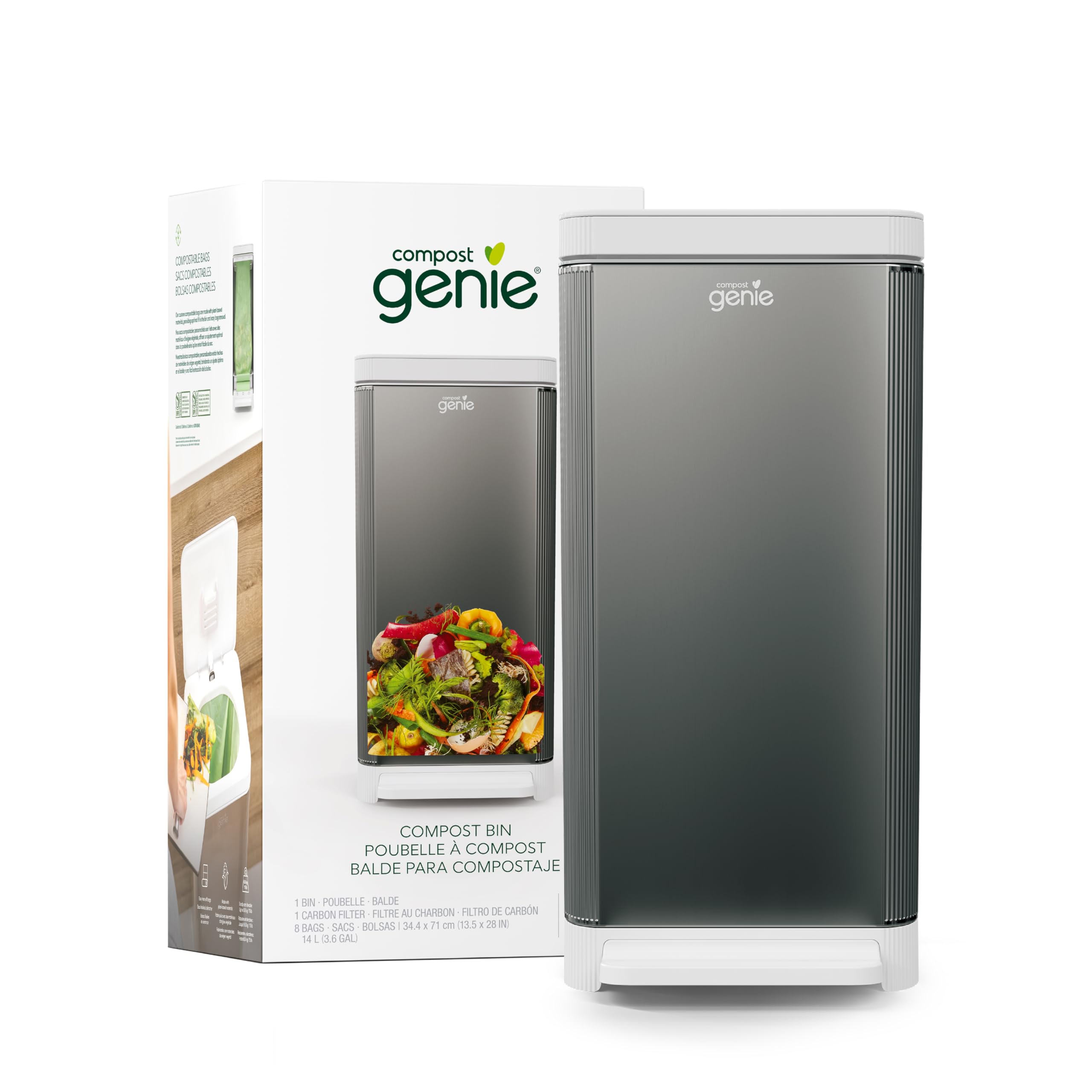 Kitchen Compost Bin, Silver Stainless-Steel Large, 3.6 Gallon, Indoor Odorless Composting, Hands-Free, Washable Parts, Includes 8 Tear-Off Compostable Bags and 1 Carbon Filter