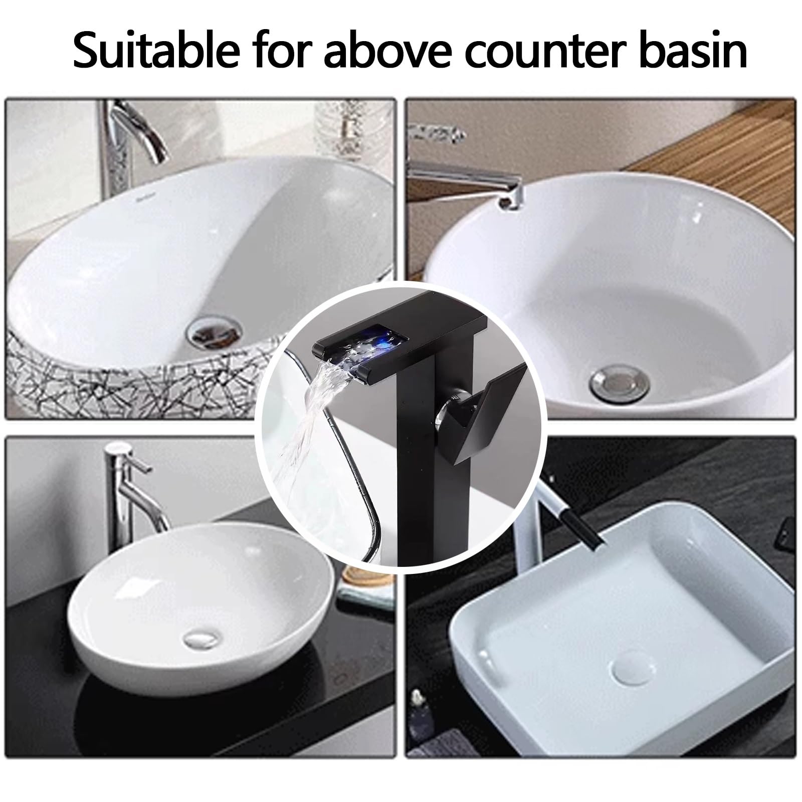Rubinetto Bagno Lavabo Alto Cascata con Luce LED a Tre Colori Ottone | Miscelatore Lavabo Bagno Alto Quadrato Monocomando Energia Idroelettrica, Rubinetto Cucina, per Hotel(Silver)