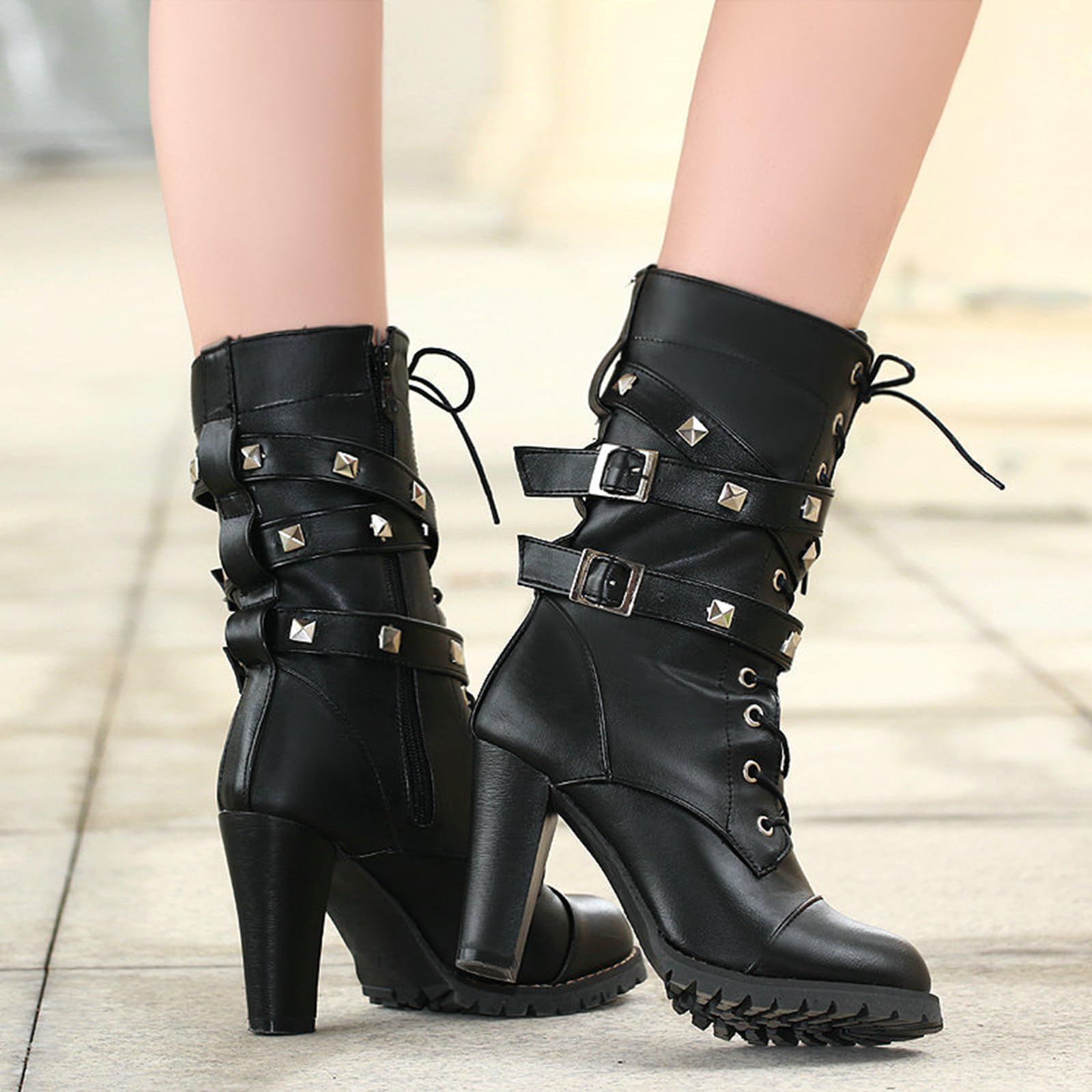 9CM Bottes à Cheville pour Femmes Chunky Heels High Heels Lace Up Noir Bottes à Talons Hauts Mode Sexy Boots Short Boots