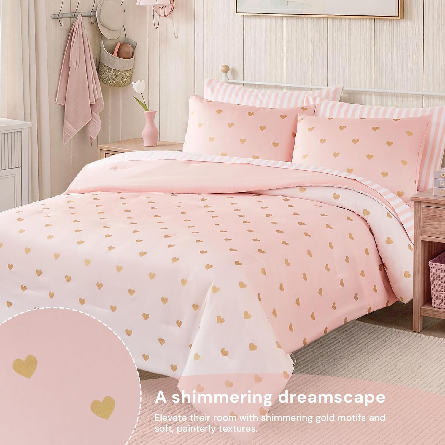 BLOOMHAVEN Twin Comforter Set with Sheets for Girls-5 Pieces Twin Bedding Sets with Pink Comforter, Sheets, Pillowcase & Sham for Kids (Pink Gold Heart, 66" X 86")