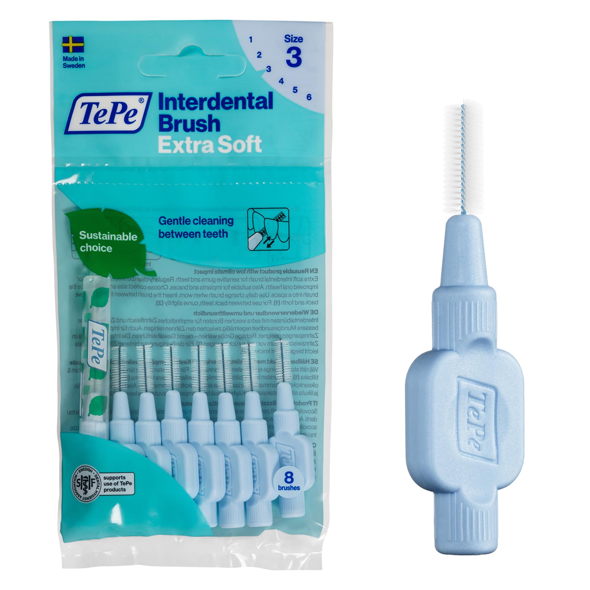 Scovolino TePe, Extra Soft, Blu, 0.6mm/ISO 3, 8pz, rimozione placca, pulizia interdentale efficace, per spazi medi