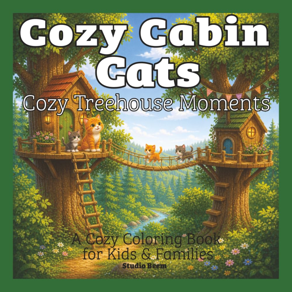 Cozy Cabin Cats: Cozy Treehouse Moments — A Coloring Book: Bold & Easy Designs for Relaxation and Stress Relief