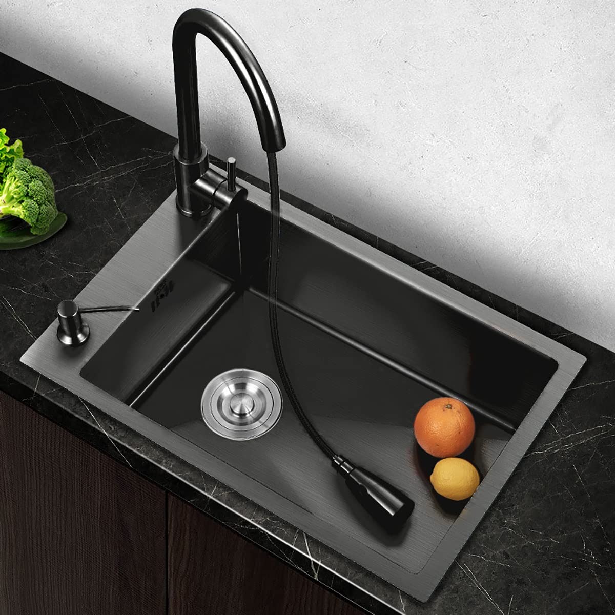 Lavello da Cucina Nero, Lavello Quadrato in Acciaio Inox, Lavello Multifunzionale con Accessori per Fognatura, Lavello per Cucina da Bar, Nero 48 * 35 Cm
