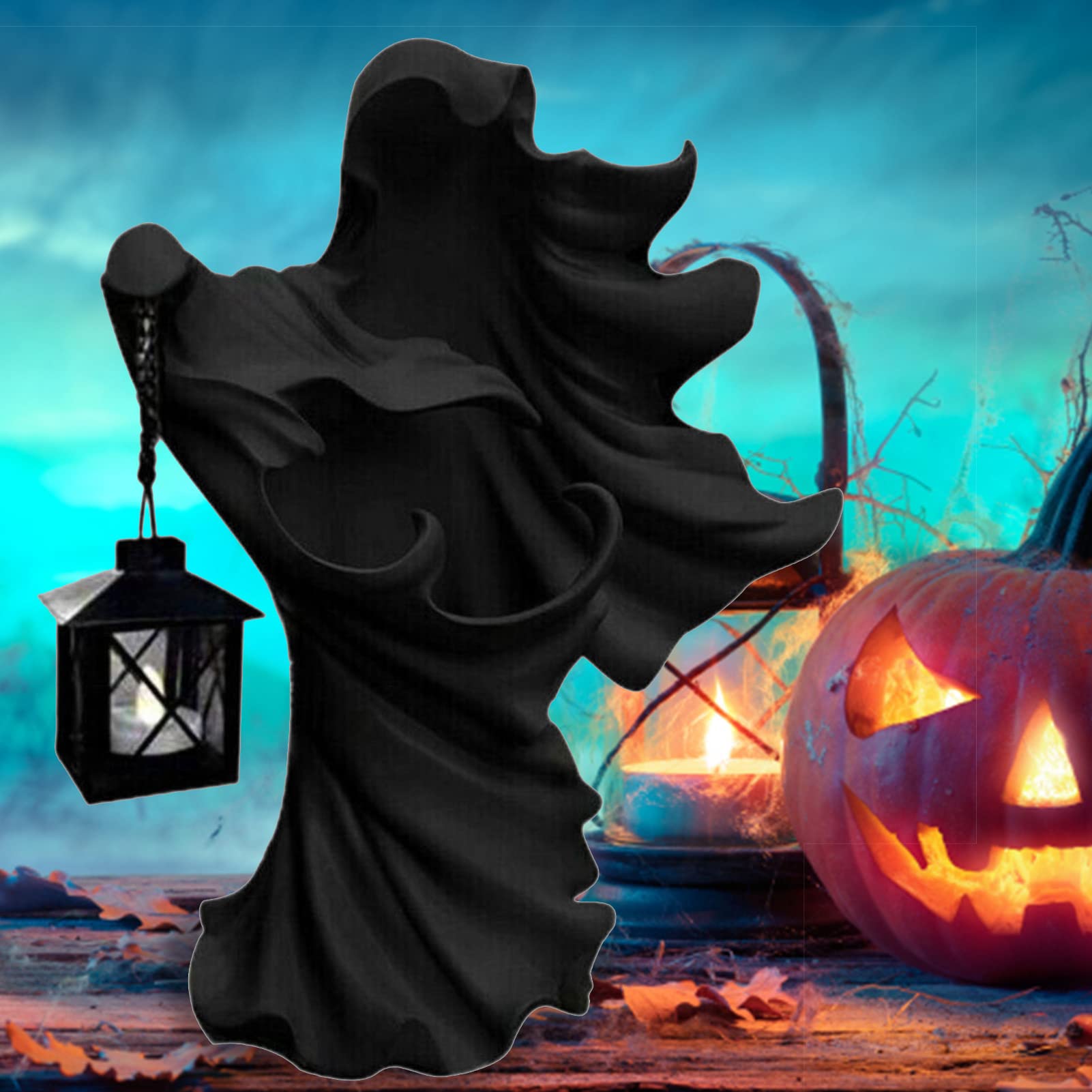 Statua Fantasma con Lanterna | da Giardino di Halloween di Alta qualità, Decorazioni Vintage in Resina per Halloween Strega Piccola Lanterna, Statue Streghe per casa Fuori Cortile